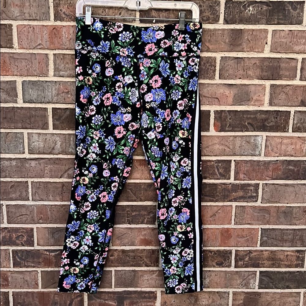 Calvin Klein Performance Floral Leggings Large High Waist Mesh Side Stripe Yoga